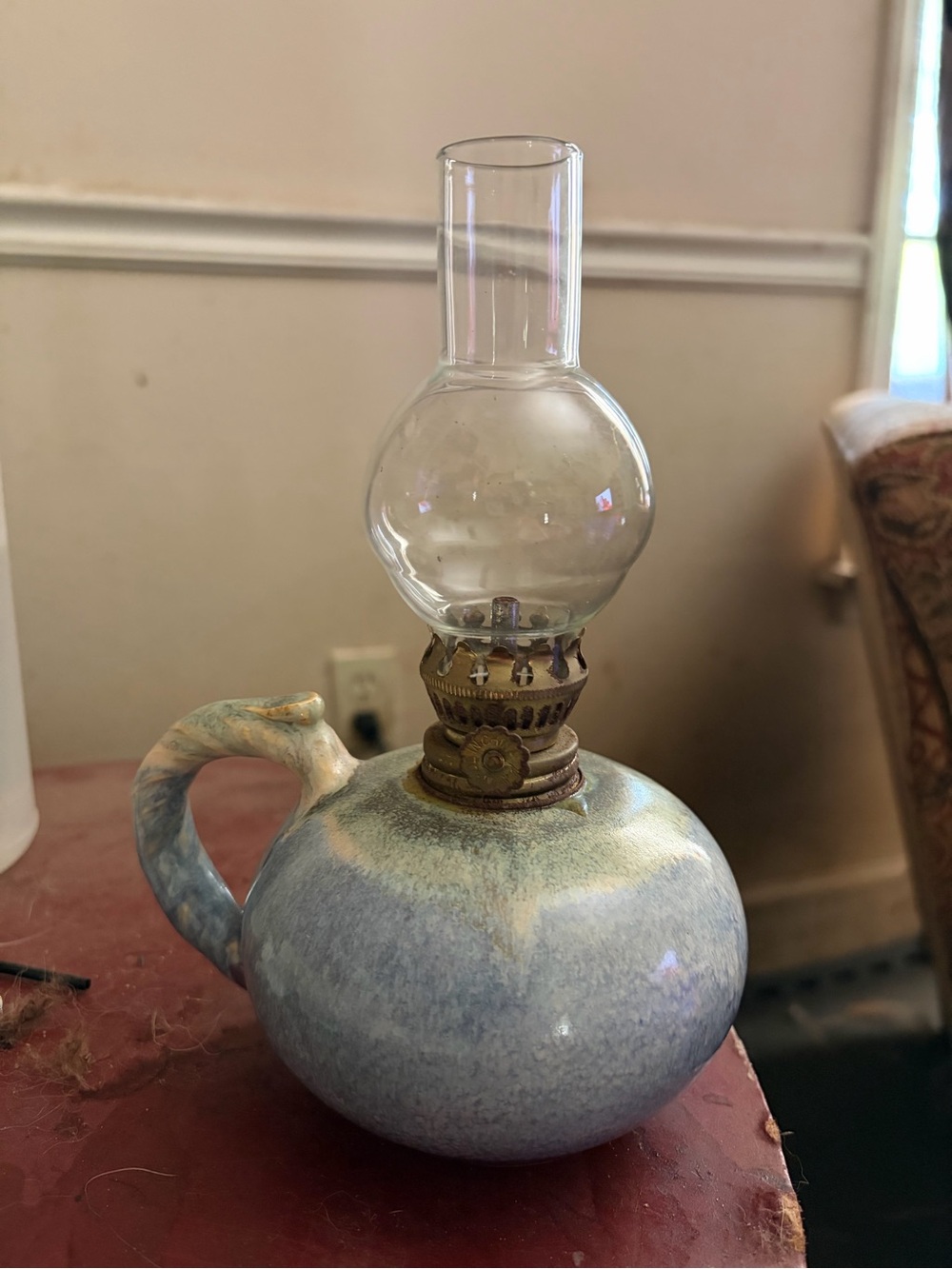 Vintage Art Project Ceramic Oil Lamp in Blue and Cream